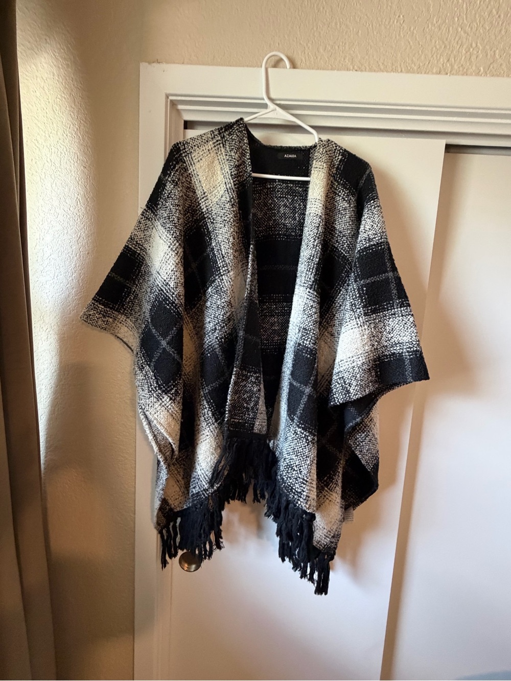 Black and Cream Plaid Fringe Poncho